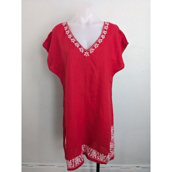 New Zara Basic Size Large Embroidered Shift Dress Red White Linen Short Sleeves - Picture 15 of 16